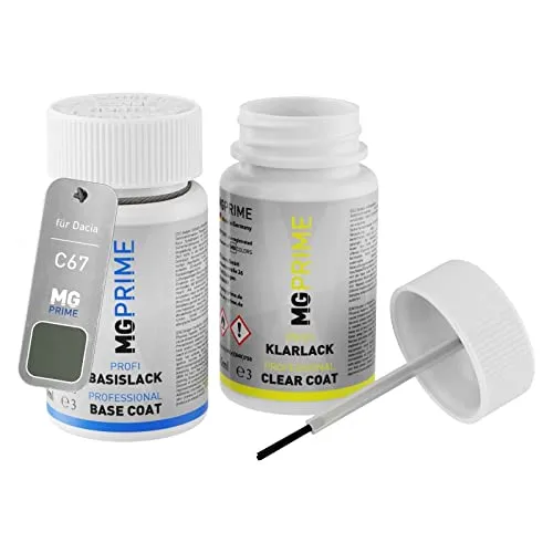 MG PRIME Autolack Lackstift Set für Dacia C67 Gris Olive Nacre Metallic/Thymian Grün Metallic Basislack Klarlack je 50ml