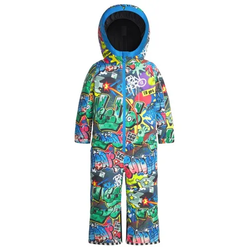 WeeDo - Kid's Cosmo Sprayprint Schneeanzug - Bunter Overall Gr XS - Bunter Overall für Kinder mit Graffiti-Muster, ideal für Schneeabenteuer. Winddicht, isolierend und wasserdicht mit Kapuze und Schneefang. Perfekt für Ski und Snowboard. Hochwertiges recyceltes Material sorgt für besten Komfort.