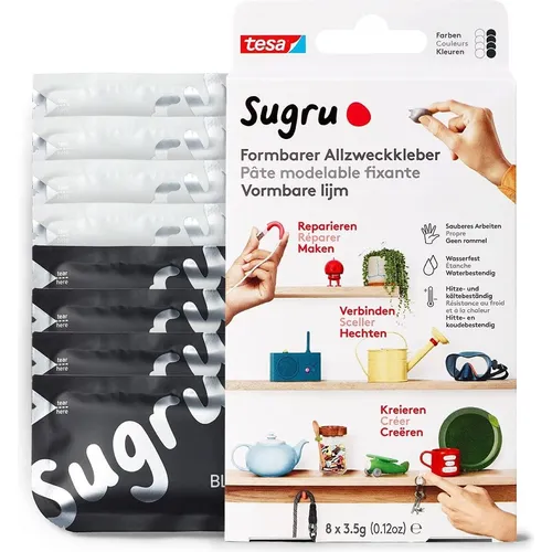Sugru by tesa - Formbarer Allzweckkleber, 8er-Pack, 8 x 3,5 g, Schwarz & Weiß - vielseitige Klebeknete - zum Dekorieren, Kleben, Reparieren und für kreative DIY-Anwendungen
