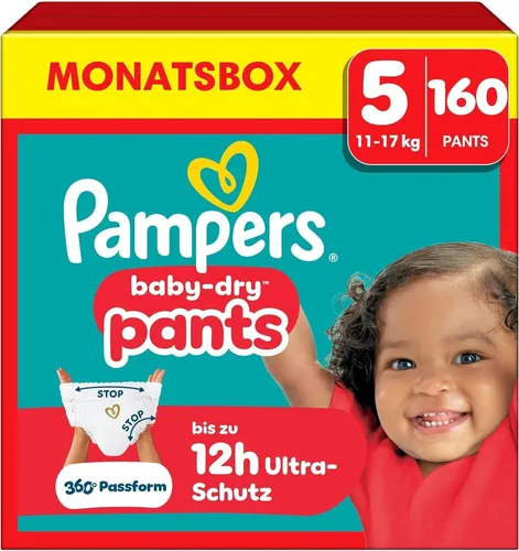 Pampers Baby Dry Pants Gr. 5 Junior 12-17kg - WINDELN - 160 Stück Monatsbox mit revolutionärem Stop & Schutz System für aktiven Schutz und Komfort bei jeder Bewegung.