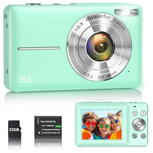 Digitalkamera 1080P 44MP Vlogging Kamera für Kinder Jugendliche, FHD Kompaktkamera Fotokamera mit 2,4" Bildschirm 16X Zoom, Anti-Shake Minikamera für Anfänger Studenten Jungen Mädchen-Grün