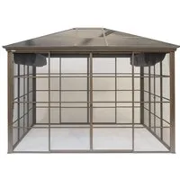Sojag Aluminium Pavillon Castel 12 x 14 Bronze - Robuster Pavillon mit 125 kg/m² Schneelast, wasserdichtem Dach und langlebiger Aluminiumkonstruktion. Ideal für Garten und Terrasse, ausgestattet mit Moskitonetzen und schützenden Doppel-Schiebetüren.