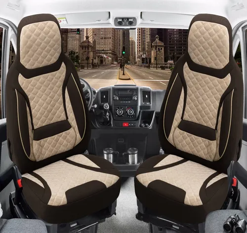 BREMER SITZBEZÜGE für Mercedes Vito V Klasse W447 (ab 2014) - Braun/Beige - Hochwertige Schonbezüge für Fahrer- und Beifahrersitz, einfach zu montieren mit Klettsystem. Langlebig, pflegeleicht und komfortabel, ideal für längere Fahrten.