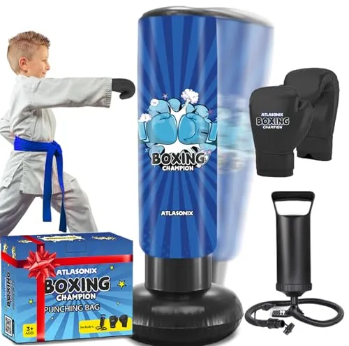 Atlasonix Aufblasbares Boxspielzeug für Jungen - Lustiges und sicheres Kick-Dummy für Kinder von 4-12 Jahren. Ideal für aktives Spiel und zur Förderung der Bewegung. Einfach mit Wasser oder Sand zu beschweren, bleibt stabil und sicher beim Spielen.