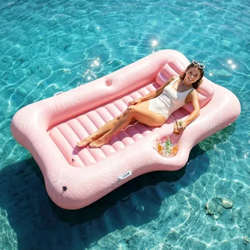 HeySplash Aufblasbar Pool Luftmatratze, Groß Pool Wasserhängematte Boot Erwachsene mit Becherhalter & Abnehmbar Kissen, Solarium Pool Loungesessel Float für See Fluss Sommer Wasser Party, Rosa Blatt