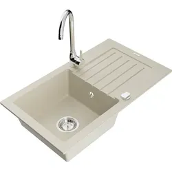 Mexen Pablo 1 Becken-Granitspüle mit Abtropffläche - Beige Granitspüle mit integrierter Abtropffläche und Chrom-Mischbatterie, ideal für moderne Küchen und sorgt für eine stilvolle und funktionale Arbeitsfläche.