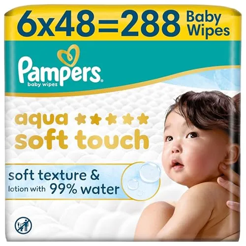 Pampers Aqua Soft Touch Baby-Feuchttücher, 6 Packungen mit 48 Feuchttüchern = 288 Baby-Feuchttücher, weiche Textur & Lotion mit 99% Wasser