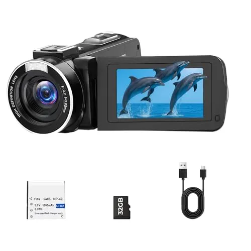 Camcorder Videokamera 2.7K Vlogging Kamera für YouTube 48MP 18X Digitalzoom Digital Camcorder mit LED-Fülllicht, 3" 270° drehbarer Bildschirm Digitalkamera mit 32GB Karte & Akku