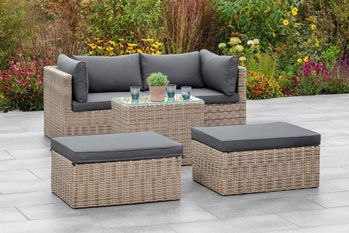 MERXX Garten-Essgruppe Licosa (5-tlg) - Gartenmöbel-Set mit 2 Sessel, 2 Hocker und Tisch, wetterfest mit komfortablen Auflagen für entspannte Stunden im Freien.
