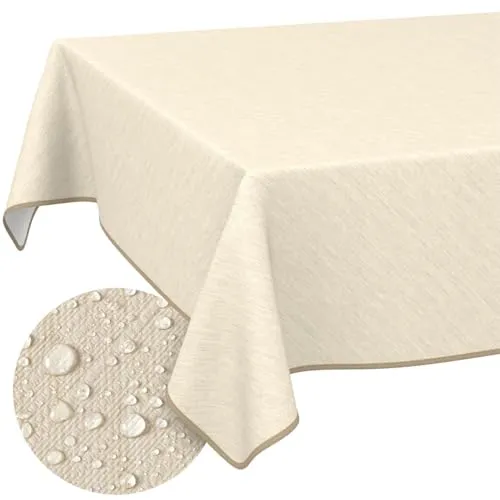 Tischdecke abwaschbar Wachstuch Wachstuchtischdecke Gartentischdecke Leinen-Optik Pflegeleicht Wasserabweisend 140 x 120cm (Rechteckig) Creme mit Saum