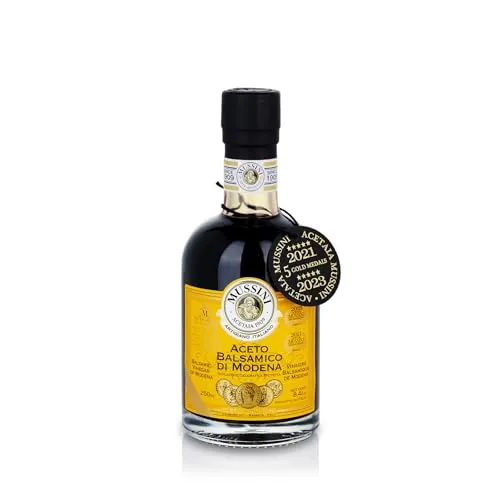 Aceto Balsamico Il Denso 5 Goldmedaillen Mussini 250ml - Hochwertiger Balsamico-Essig aus Modena mit 5 Goldmedaillen ausgezeichnet, ideal für feine Dressings und Marinaden, ohne Farbstoffe und Konservierungsmittel.