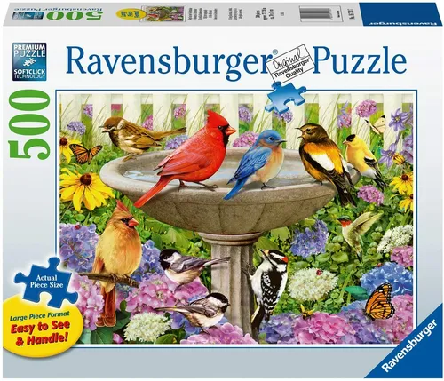 RAVENSBURGER PUZZLE 500 TEILE LARGE - AT THE BIRDBATH - Klassisches Puzzle mit 500 Teilen, ideal für Kunstliebhaber und Sammler, bietet stundenlangen Spaß beim Zusammenbauen.
