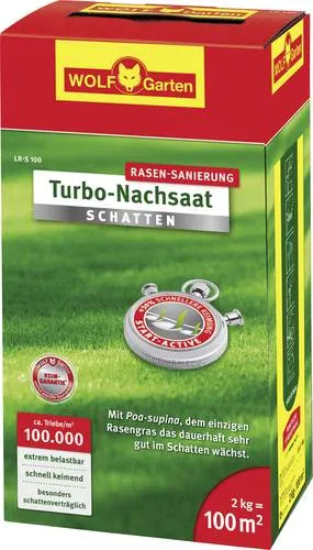 WOLF Garten Turbo-Nachsaat Schatten L-RS 100 - 100 m Rasenmischung, für schnelles Schließen von Rasenlücken und 30% schnellere Keimung, ideal für schattige Bereiche