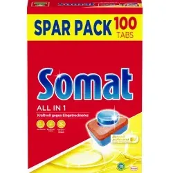 Somat Spülmaschinentabs All in 1 SSP7 - 100 Tabs Spar Pack - Geschirrspülmittel mit kraftvollen Reinigersubstanzen, die selbst hartnäckige Flecken wie Tee und Kaffee entfernen. Inklusive Klarspüler für strahlenden Glanz und Salzfunktion zum Schutz vor Kalk.