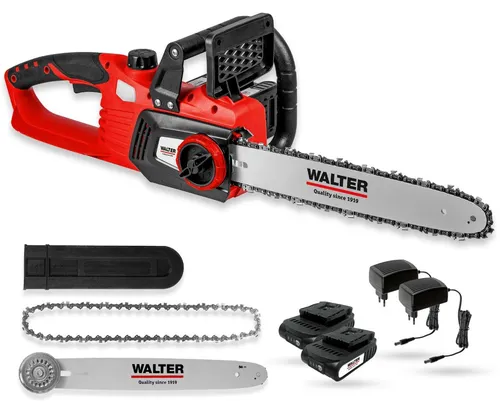 WALTER Akku-Kettensäge Li-Ion 40 V Brushless mit 2x Akku 2 Ah - Sägen: Leistungsstarke Akku-Kettensäge mit 35 cm Schnittlänge, sofortiger Kettenbremse und werkzeugloser Kettenspannung für maximale Sicherheit und Komfort.