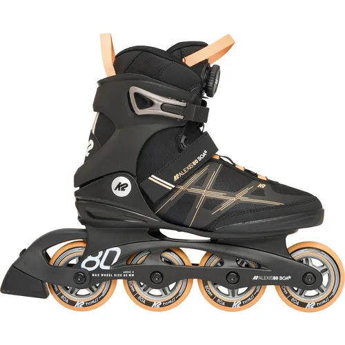 K2 ALEXIS 80 BOA Inline Skate 2025 - Schwarz/Peach - Größe 38 - Inliner für Einsteiger mit K2 Original Softboot, Boa Verschlusssystem für perfekten Sitz und vibrationsdämpfendem Tec Composite Rahmen. Ideal für Komfort und Performance auf schmalen Füßen.