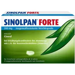Sinolpan Forte 200 mg - Entzündungshemmendes Arzneimittel - Arzneimittel zur Behandlung von Atemwegserkrankungen wie Bronchitis und Nasennebenhöhlenentzündungen. Enthält den Wirkstoff Cineol für eine effektive Schleimlösung und Linderung von Beschwerden.
