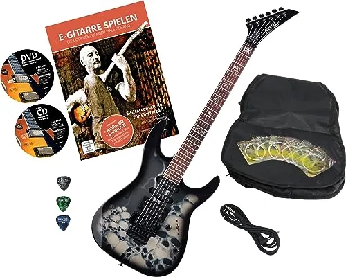 Rocktile Pro JK150F-BSK E-Gitarre Skull mit Zubehör - E-Gitarren-Set mit hochwertiger JK150F-BSK Gitarre, inklusive Gigbag, Kabel, Plektren und Gitarrenschule mit CD & DVD - ideal für Einsteiger und Fortgeschrittene!