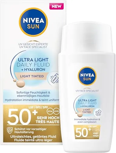 NIVEA SUN Sonnenfluid Gesicht leicht getönt LSF 50+, 40 ml - Leicht getöntes Sonnenfluid für das Gesicht mit hohem Lichtschutzfaktor 50+. Ideal für den täglichen Gebrauch, schützt die Haut und sorgt für einen gleichmäßigen Teint.