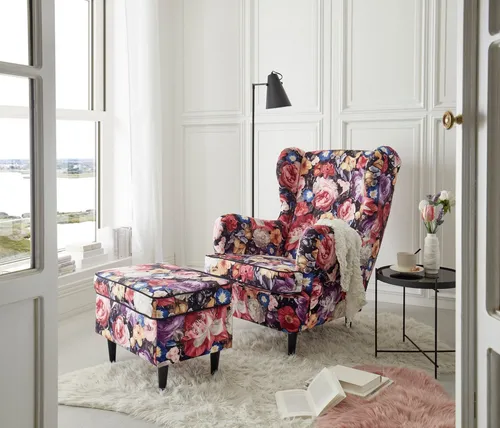 LAUREL Ohrensessel - Vintage Sessel mit floralem Muster und Massivholzfüßen - Ohren- & Armlehnensessel mit hochwertiger Schaumstofffüllung und Nosagunterfederung für hohen Sitzkomfort. Bereits vormontiert, ideal zum Entspannen und Lesen. Maße: 78 x 102 x 98 cm (B/H/T).