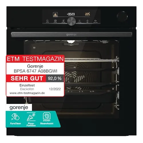 Gorenje OptiBake Advanced BPSA 6747 A08BG Einbau-Backofen - Multifunktions-Backofen mit 77L BigSpace, ideal für große Gerichte. Mit Pyrolyse-Reinigung, AutoBake und PizzaModus 300°C für perfekte Ergebnisse.