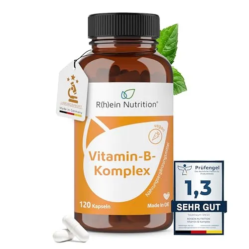 Hochdosierter Vitamin B Komplex - 120 Kapseln von Rhein Nutrition - Vitamin B-Complex Präparate für eine umfassende Vitaminversorgung, vegan und ohne Zusätze, ideal zur Unterstützung bei Stress und ungesunder Ernährung.