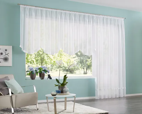 Bogenstore "Eby" - Transparente Polyester Gardine 120 cm - Kräuselband Gardine aus transparentem Voile, verziert mit Satinband, ideal für stilvolle Fensterdekoration. Kombinierbar mit weiteren Produkten der Serie.