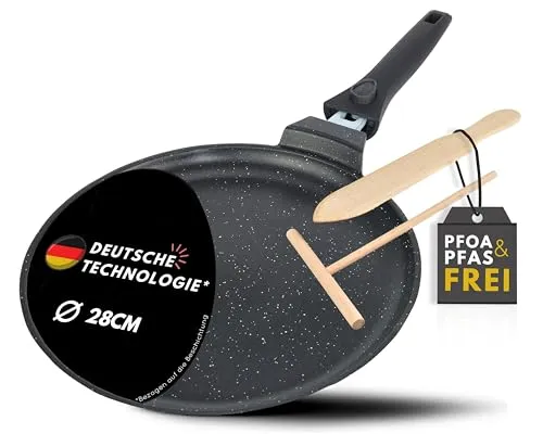DIVORY Crepe Pfanne Induktion 28 cm - Perfekte Pfannkuchen & Pizza - Crepe-Pfannen mit 3-lagiger Antihaftbeschichtung für fettfreies Kochen. Induktionsfähig, abnehmbarer Griff für einfache Reinigung und Backofen geeignet. 6 Monate kostenlose Ersatzgarantie bei Defekten!