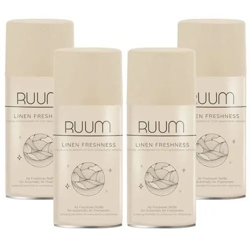 RUUM Lufterfrischer Nachfüller 4er Pack Linen Freshness - Duft Nachfüller kompatibel mit Air Wick Freshmatic, Glade Brise - 4x 250 ml Duftspray für Geruchsneutralisierung & Frische
