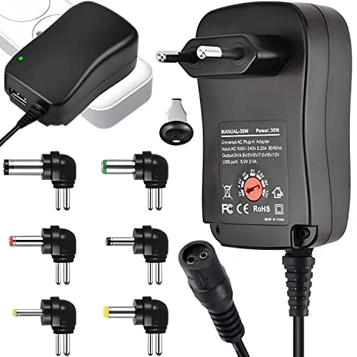 Retoo Universal Netzteil Ladegerät mit 7 Adaptersteckern 3V-12V 30W - Kompaktes universelles Netzteil mit 7 wechselbaren Adaptersteckern. Ideal für diverse elektronische Geräte, ausgestattet mit Überspannungsschutz und energiesparender Ladesteuerung.