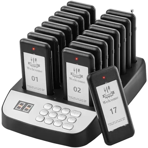 VEVOR Kabelloses Restaurant-Pager-System mit 16 Pagern - Effizientes Warteschlangensystem für Restaurants mit 500 m Reichweite. Inklusive 16 Pagern, LED- und Vibrationsalarm für optimale Kundenkommunikation und mehr Komfort.