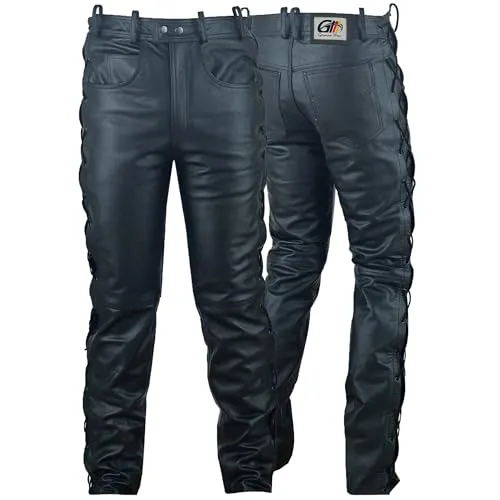 German Wear Lederhose - Schnürbare Büffelleder Bikerjeans in Schwarz, Größe 52 - Motorradhosen aus 100% Büffelleder mit seitlicher Schnürung für individuellen Sitz, ideal für Biker und Lederliebhaber.
