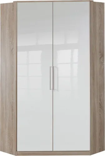 Eckschrank Greven 95x95cm - Moderner Kleiderschrank in Eiche Sägerau mit Hochglanz - Kategorie: Kleiderschränke, bietet viel Stauraum mit 10 Regalfächern und einer Kleiderstange für optimalen Platz im Schlafzimmer.