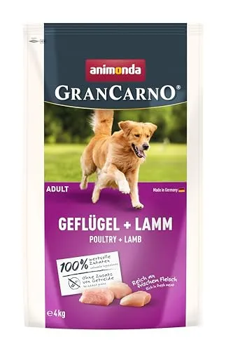 animonda GranCarno Adult Hundetrockenfutter getreidefrei Geflügel + Lamm (1 x 4 kg), Trockenfutter für Erwachsene Hunde ohne Gluten und Weizen, Hundefutter trocken mit hoher Bekömmlichkeit