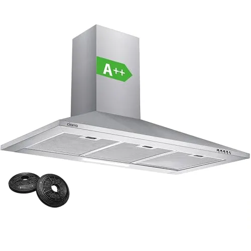 CIARRA CBCS9201  Dunstabzugshaube 90 cm Umluft Abluft 370m³/h mit CBCF002X2 Aktivkohlefilter 3 Leistungsstufen Silber Edelstahl Pyramide Wandmontage Wandhaube Abzugshaube