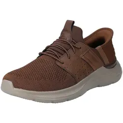 Skechers Herren Garner Newick Slip-On - Komfortabler Dark Brown Sneaker - Herren-Sneaker mit innovativer Hands-free-Technologie für müheloses An- und Ausziehen. Atmungsaktives Design und luftgekühlte Memory-Schaum-Einlegesohle für ganztägigen Komfort.