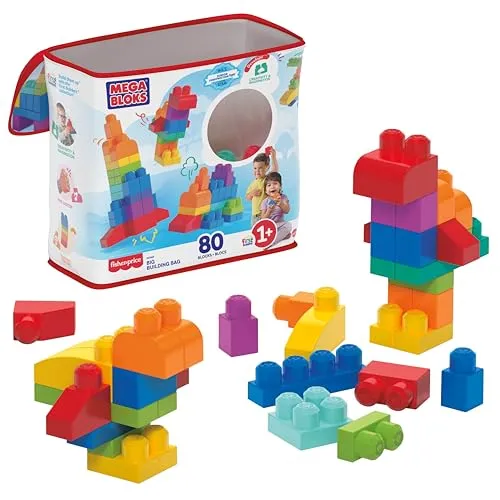 Mega Bloks Bausteinebeutel bunt (80 Teile) - Beige - Baukästen & Bausteine mit 80 großen, bunten Bausteinen für kreatives Spielen, ideal für kleine Kinder ab 12 Monaten. Umweltfreundlicher Beutel zum einfachen Verstauen.