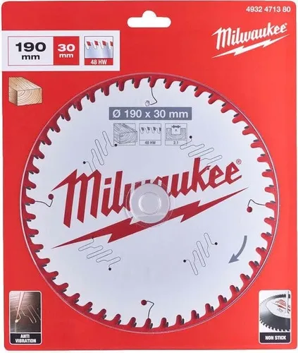 MILWAUKEE Kreissägeblatt Holz 190/30mm 48Z für Handkreissägen - Hochwertiges Kreissägeblatt mit PTFE-Beschichtung für effiziente, kühle Schnitte. Lasergeschnittene Schlitze sorgen für weniger Vibrationen und präzise Ergebnisse – ideal für anspruchsvolle Holzarbeiten.