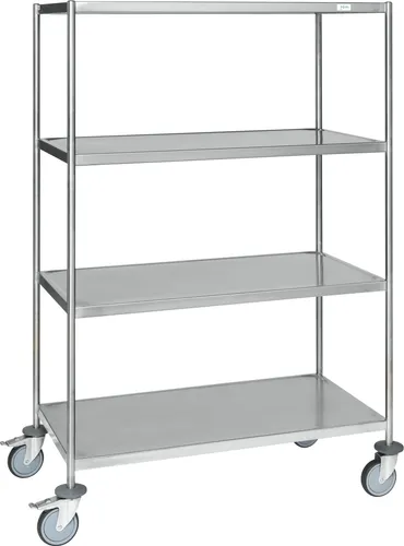 Kongamek Edelstahl Etagenwagen mit 4 Ladeflächen - Vollständig geschweißter, rostfreier Edelstahlwagen mit Gummibereifung und Bremse. Ideal für den professionellen Einsatz in der Lebensmittelbranche.