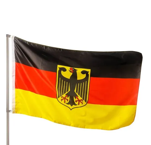 PHENO FLAGS Deutschland Flagge Premium mit Adler 90 x 150 cm - Premium Fahne mit Bundesadler, ideal für Sportevents und Dekoration. Robuste Verarbeitung mit Doppelsicherheitsnaht und zwei Messing-Ösen für sicheren Halt.