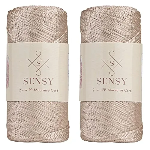 Sensy Premium 2 Stück 2 mm 220 Meter Polyester-Seil, 100 % Polypropylen-Kordel Makramee-Schnur, 2 mm, Häkelnadel, Makramee-Seil, Häkelgarn, Geschenk für Stricker, Latté