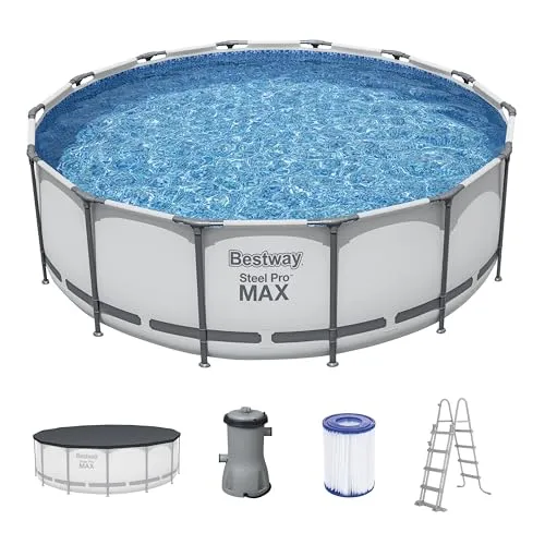 Bestway Poolset 122 cm - Aufstellpool für Wasserspaß - Swimmingpools: Bestway Poolset in Blau, Grau und Weiß, aus robustem Metall und Kunststoff, ideal für entspannte Tage im Garten.