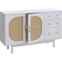MCW Sideboard MCW-P52 mit Fußbodenschonern – Stilvoll und Praktisch - Elegantes Sideboard in Weiß mit dekorativen Poly-Rattan-Türen. Maße: 120x40x80 cm. Ideal für den Innenbereich und kratzfest durch Melamin-Beschichtung.