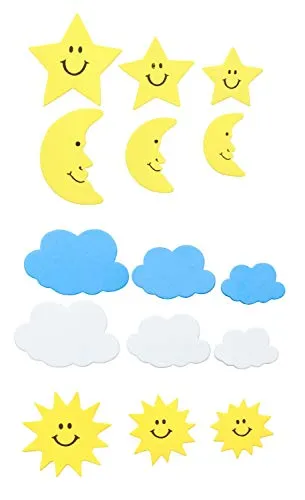 Glorex 6 2247 704 - Moosgummi Sticker Sonne, Mond und Wolken, selbstklebend, 52 Stück, sortiert in 5 Motiven in unterschiedlichen Größen, ideal zum Verzieren von Grußkarten, für Scrapbooking, usw.