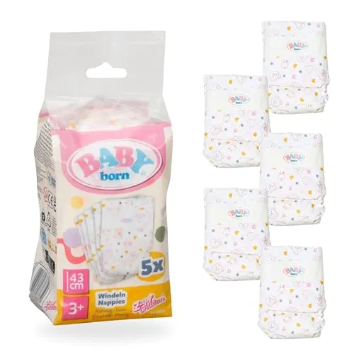BABY born Windeln, Puppenzubehör 5 Stück für 43 cm Puppen - Spielzeug für Kinder ab 36 Monaten, perfekt für kreatives Rollenspiel und Pflege von Puppen.