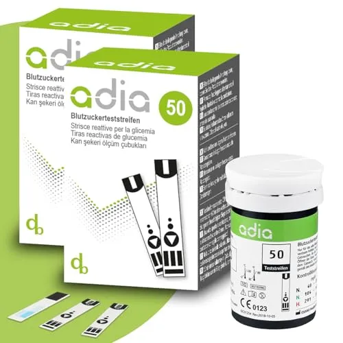 adia Blutzuckerteststreifen 100 Stück - Blutzuckermessgeräte, zuverlässige Teststreifen für präzise Blutzuckermessungen, ideal für Diabetiker zur täglichen Kontrolle.