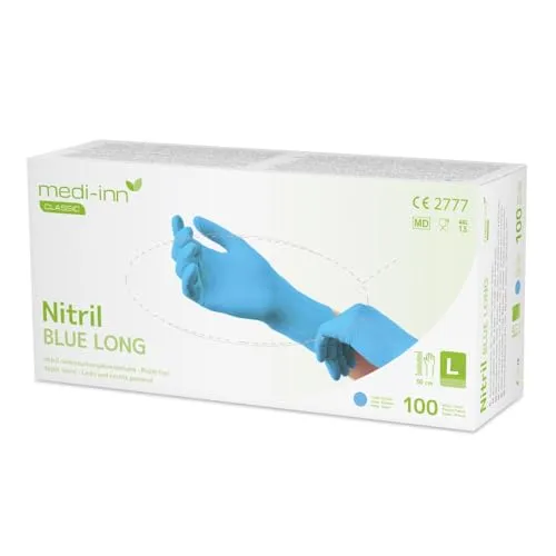 Medi-Inn® PS Nitril Handschuhe Long Blau Größe L - 1000 Stück - Arbeits- & Schutzkleidung: Hochwertige Nitril-Einmalhandschuhe mit langem Schaft für optimalen Spritzschutz und Hautkontaktvermeidung. Ideal für medizinische Anwendungen und den Lebensmittelsektor.