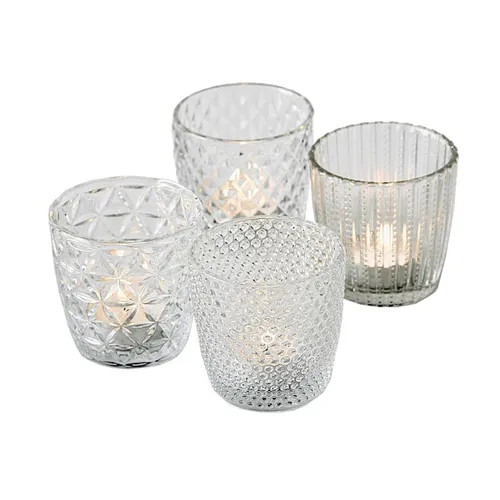 4tlg. Windlicht MARILU klar transparent Muster geriffelt aus Glas Teelichthalter