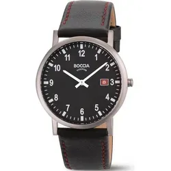 Boccia 3662-03 Herrenuhr Titanium 37mm - Armbanduhr aus Titan mit leichtem und hautverträglichem Design, ideal für Allergiker. Das schwarze Zifferblatt bietet hervorragende Ablesbarkeit und ist mit einer roten Datumsanzeige versehen.