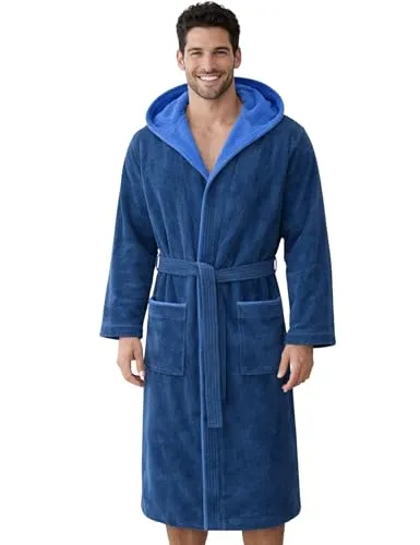 Morgenstern Bademantel Herren Kapuze 100% Baumwolle Frottee OEKO-TEX Velours Morgenmantel Lang Finn Blau XXL